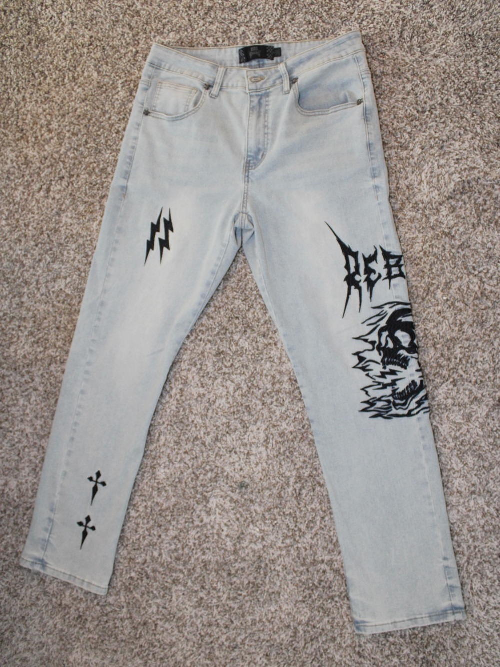Rebel Vengeance Skull Graphic Slim Fit Jeans Light Wash Denim